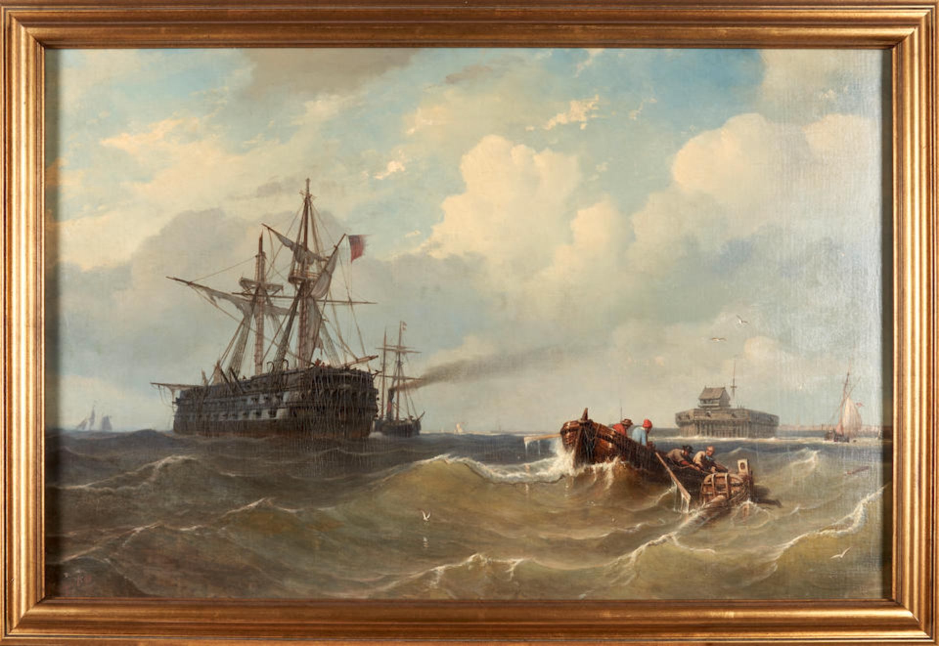 PETRUS PAULUS SCHIEDGES (Dutch, 1812-1876) British Man of War Retrieves the Mast off Calais (fra... - Bild 4 aus 4