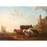 JACOB VAN STRIJ (Dutch, 1756-1815) Cattle on a Riverbank with Ruins and Boats in the Distance (f...