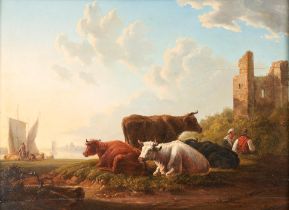 JACOB VAN STRIJ (Dutch, 1756-1815) Cattle on a Riverbank with Ruins and Boats in the Distance (f...