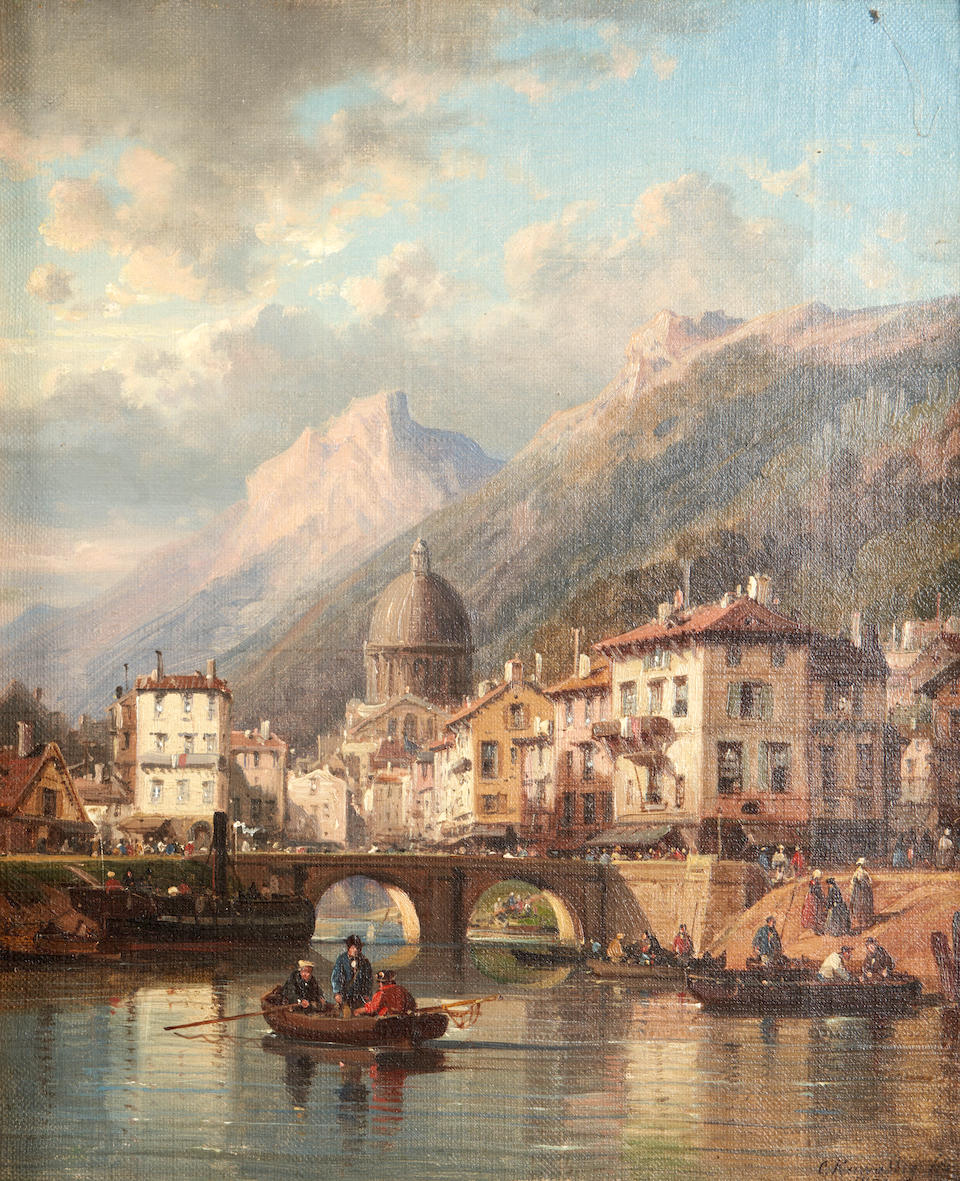 CHARLES EPHRASIE KUWASSEG (French, 1838-1904) A Pair of Landscapes of Alpine Villages with Figur... - Image 2 of 5