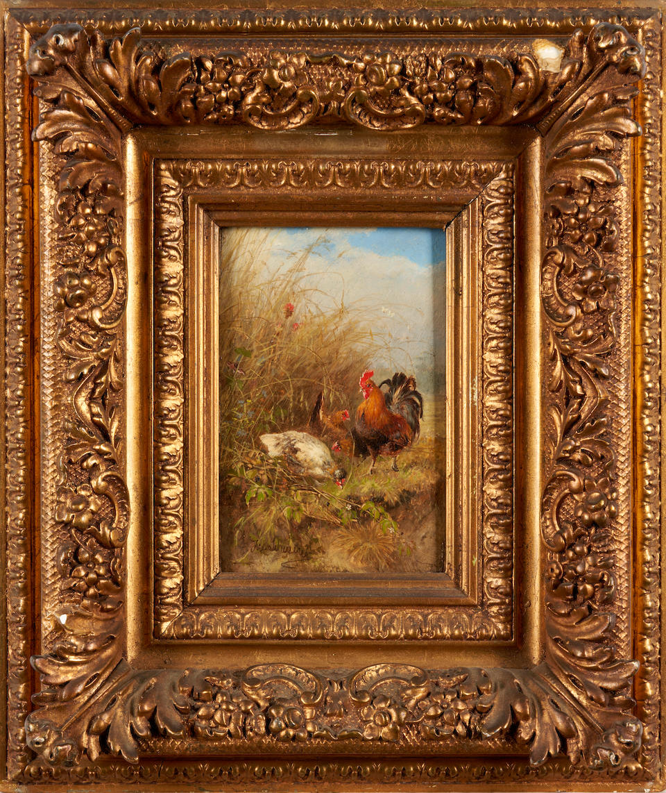 JULIUS SCHEURER (German, 1859-1913) A Rooster with Hens (framed 42.0 x 35.7 x 6.5 cm (16 1/2 x 1... - Image 4 of 4