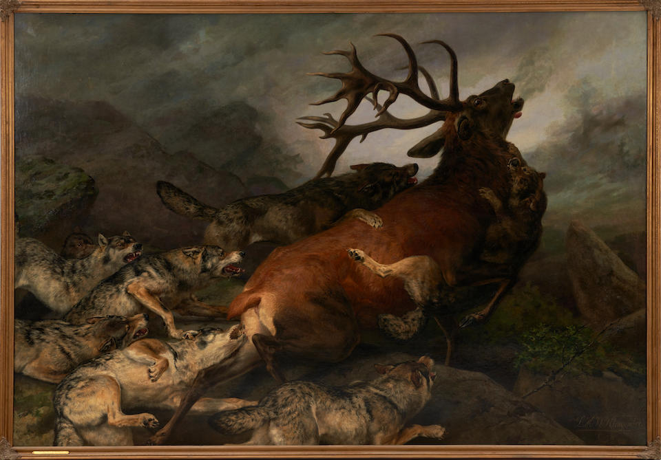 LOUIS HENRY WESTON KLINGENDER (British, 1861-1950) Wolf Pack and Stag (framed 230.0 x 332.0 x 7.... - Image 3 of 4