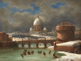 GERMAIN POSTELLE (French, 19th Century) Ice Skating on the Neva, St. Petersburg framed 91.0 x 11...