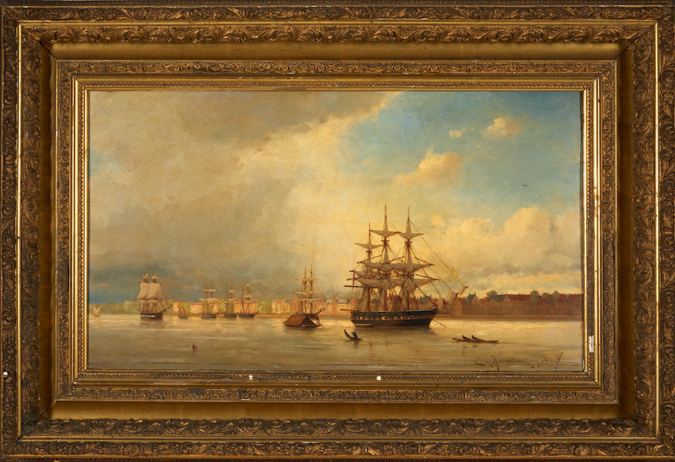 JACOB EDUARD VAN HEEMSKERCK VAN BEEST (Dutch, 1828-1894) Quiet Harbor with Sailing Ships framed... - Image 2 of 4