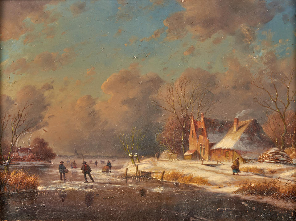 Attributed to Charles Henri Joseph Leickert (Dutch, 1816-1907) Skating on a Frozen River (framed...