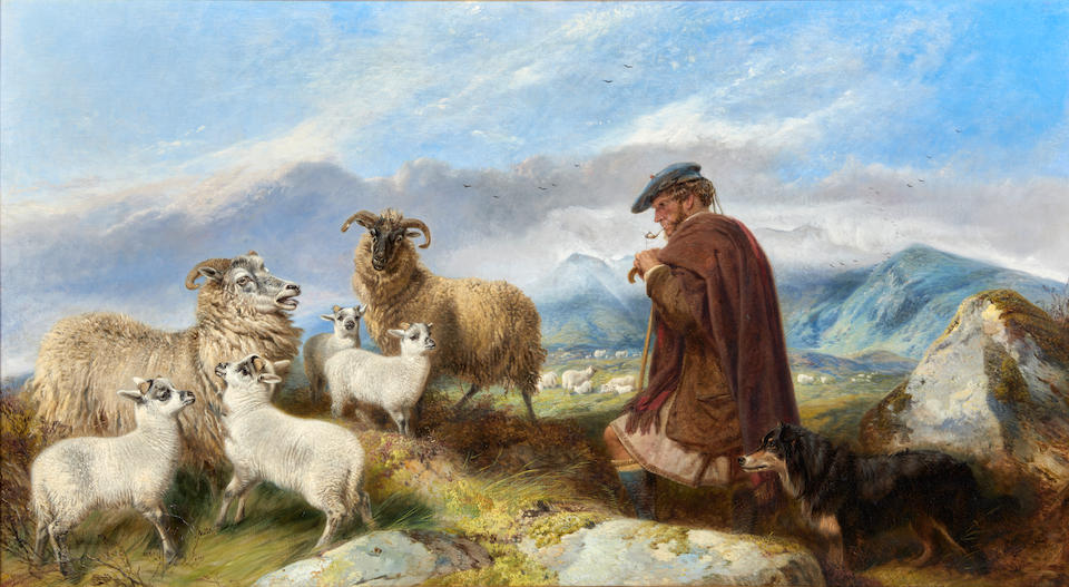 RICHARD ANSDELL, RA (British, 1815-1885) Highland Shepherd with Ewes and Lambs (framed 93.0 x 15...