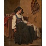 French School (19th Century) A Young Girl with Her Loyal Companion (framed 50.0 x 45.0 x 8.5 cm...