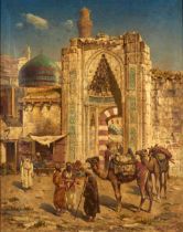 RUDOLPH GUSTAV MÜLLER (German, 1858-1888) Figures and Camels Before a City Gate (framed 91....