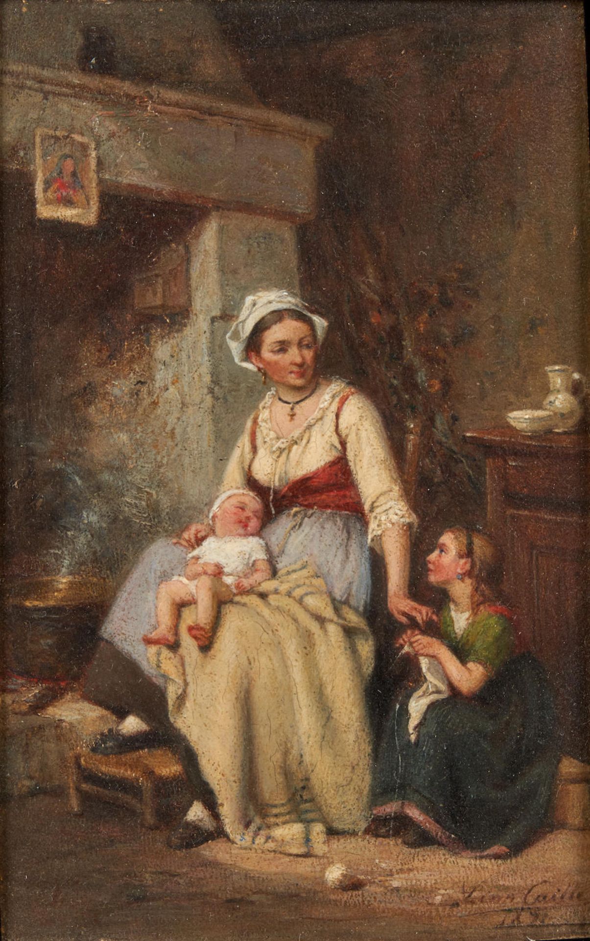 LÉON EMILE CAILLE (French, 1863-1907) A Maternal Moment (framed 36.5 x 30.0 x 6.0 cm (14 3/...