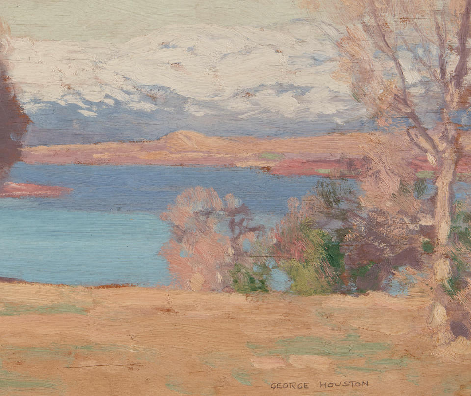 GEORGE HOUSTON RSA, RI, RSW (Scottish, 1869-1947) A Landscape with a Lake and Distant Snow-Cappe... - Image 3 of 4