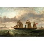 British School (19th Century) A Three-Masted Screw Steamer Coming into Port at Sunset (framed 83...