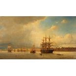 JACOB EDUARD VAN HEEMSKERCK VAN BEEST (Dutch, 1828-1894) Quiet Harbor with Sailing Ships framed...