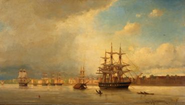 JACOB EDUARD VAN HEEMSKERCK VAN BEEST (Dutch, 1828-1894) Quiet Harbor with Sailing Ships framed...