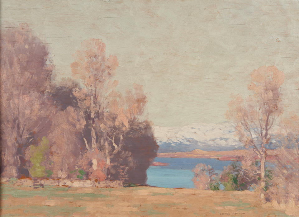 GEORGE HOUSTON RSA, RI, RSW (Scottish, 1869-1947) A Landscape with a Lake and Distant Snow-Cappe...