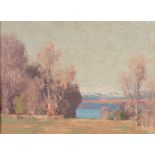 GEORGE HOUSTON RSA, RI, RSW (Scottish, 1869-1947) A Landscape with a Lake and Distant Snow-Cappe...