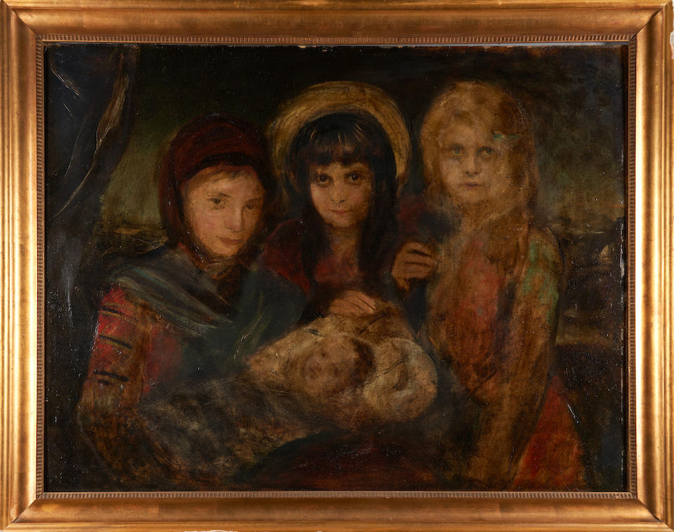 FRANZ SERAPH VON LENBACH (German, 1836-1904) A Portrait of Three Young Girls Holding a Swaddled ... - Bild 2 aus 3