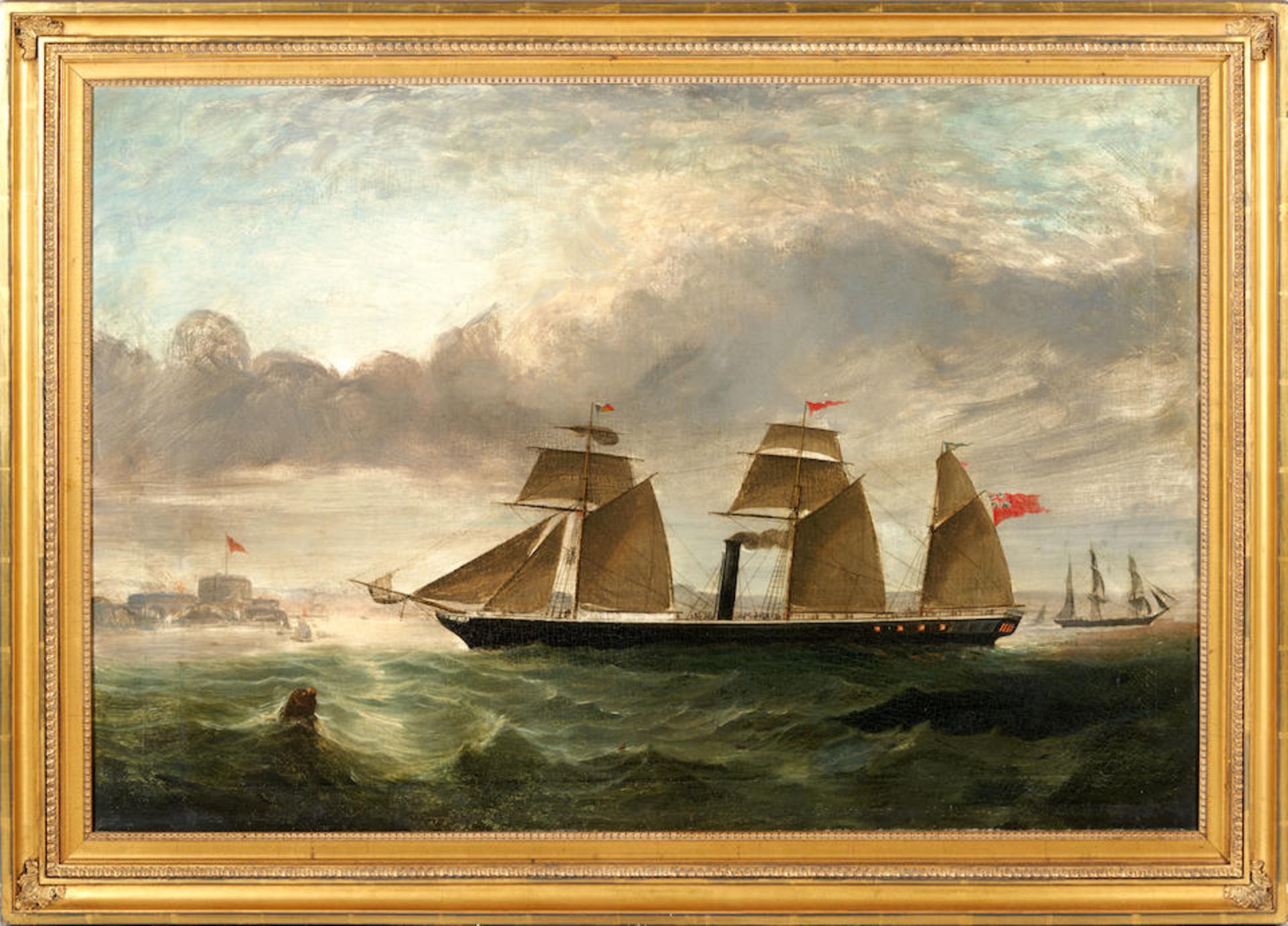 British School (19th Century) A Three-Masted Screw Steamer Coming into Port at Sunset (framed 83... - Bild 2 aus 3