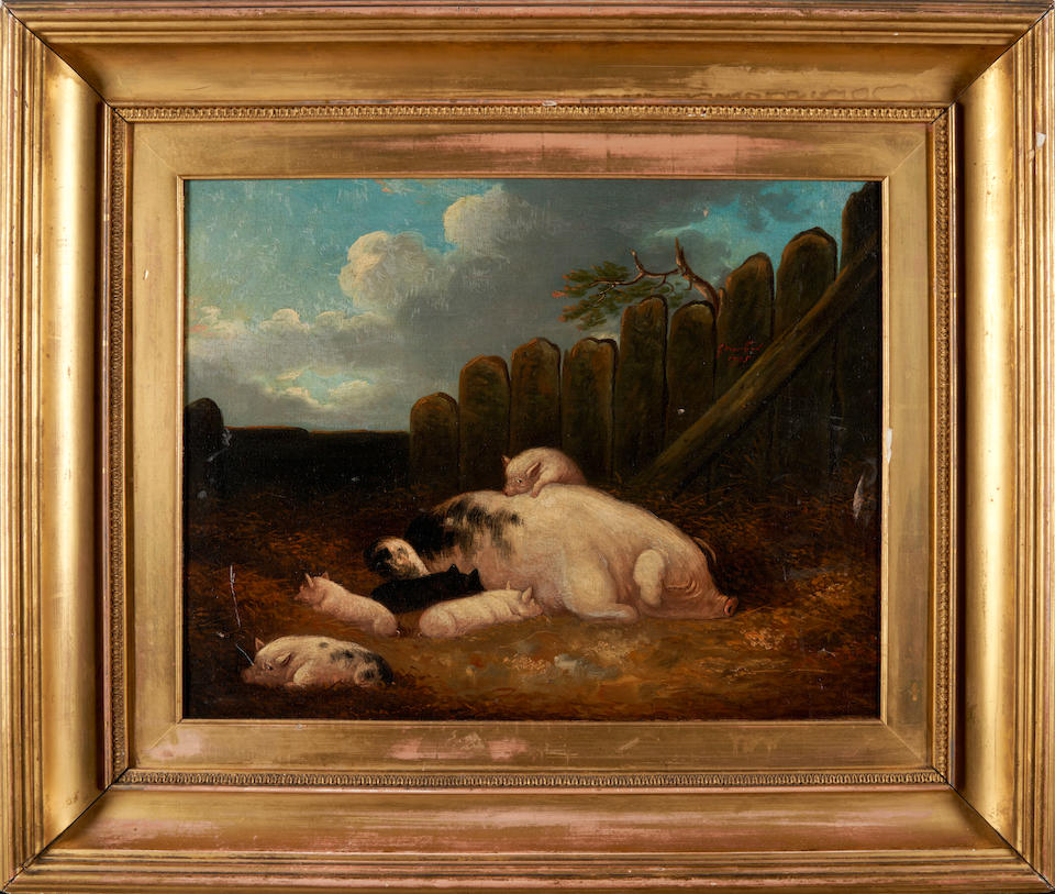 Attributed to George Moreland (British, 1763-1804) A Family of Pigs (framed 57.5 x 67.5 x 8.0 cm... - Image 2 of 3