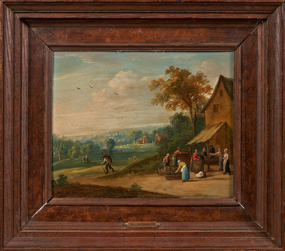 Dutch School (18th Century) A Panoramic Valley Landscape with Winemakers (framed 27.5 x 31.5 x 4... - Image 2 of 3