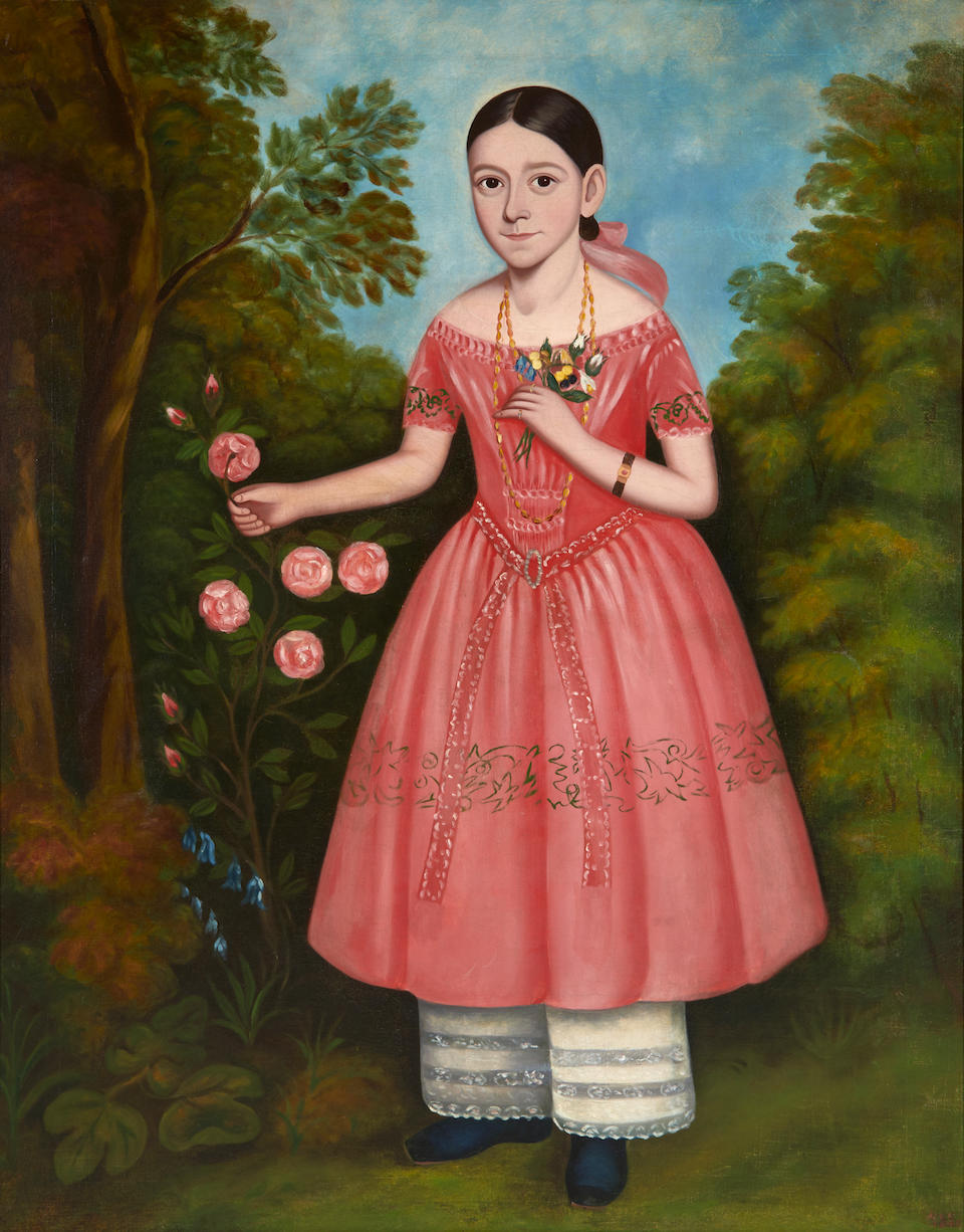 Anglo/American School (19th Century) A Portrait of Girl in a Pink Dress (framed 154.0 x 129.5 x ...