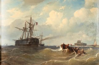 PETRUS PAULUS SCHIEDGES (Dutch, 1812-1876) British Man of War Retrieves the Mast off Calais (fra...