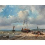 ADRIANUS JACOBUS VROLIJK (Dutch, 1834-1862) Figures Surrounding a Beached Fishing Vessel (framed...