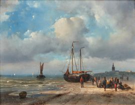 ADRIANUS JACOBUS VROLIJK (Dutch, 1834-1862) Figures Surrounding a Beached Fishing Vessel (framed...