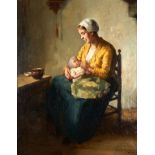 BERNARD DE HOOG (Dutch, 1866-1943) Tending to the Baby (framed 84.5 x 69.5 x 3.5 cm (33 1/4 x 27...
