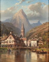 CHARLES EPHRASIE KUWASSEG (French, 1838-1904) A Pair of Landscapes of Alpine Villages with Figur...