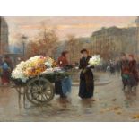 FERNAND DE LAUNAY (French, 1885-1941) Parisian Flower Seller at Dusk (framed 39.5 x 47.5 x 6.0 c...