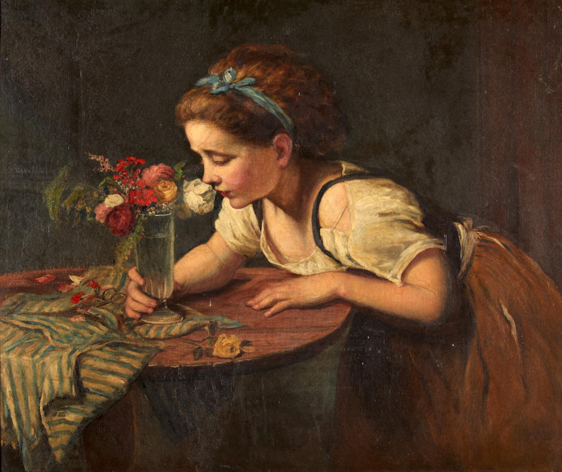 Continental School (19th Century) Smelling the Roses (framed 84.0 x 96.0 x 8.0 cm (33 x 37 13/16...