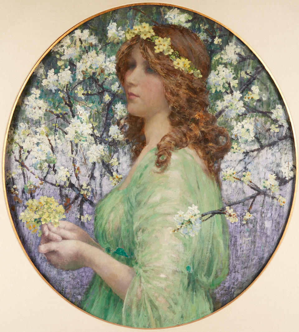 ÉLISABETH SONREL (French, 1874-1953) Portrait of a Girl Amid Cherry Blossoms (framed 89.0 x...