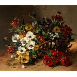 ÈUGENE HENRI CAUCHOIS (French, 1850-1911) A Still Life of Flowers in a Wicker Basket (frame...