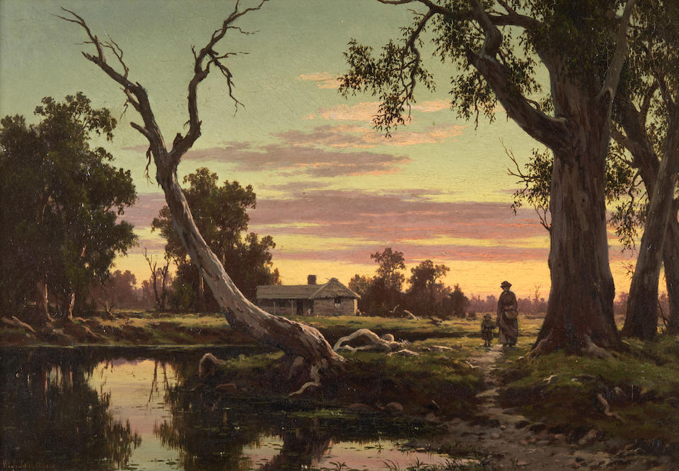 HENRY JAMES JOHNSTONE (British, 1835-1907) The Road Home at Sunset (framed 38.5 x 49.5 x 5.5 cm ...