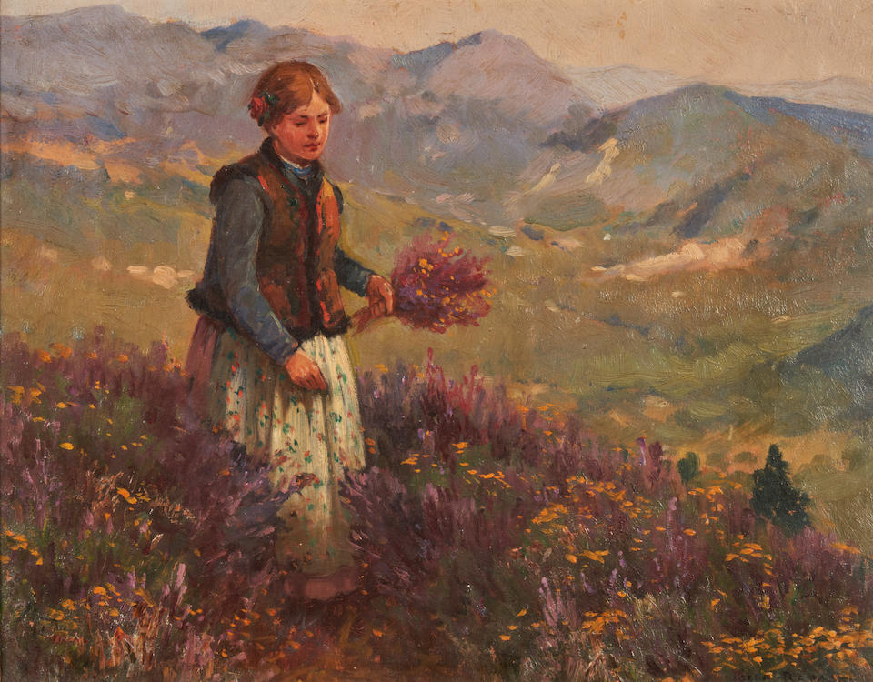 JÓZEF RAPACKI (Polish, 1871-1929) Picking Wildflowers in an Alpine Meadow (framed 49.0 x 56...