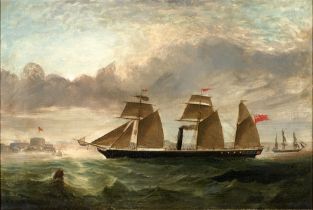 British School (19th Century) A Three-Masted Screw Steamer Coming into Port at Sunset (framed 83...
