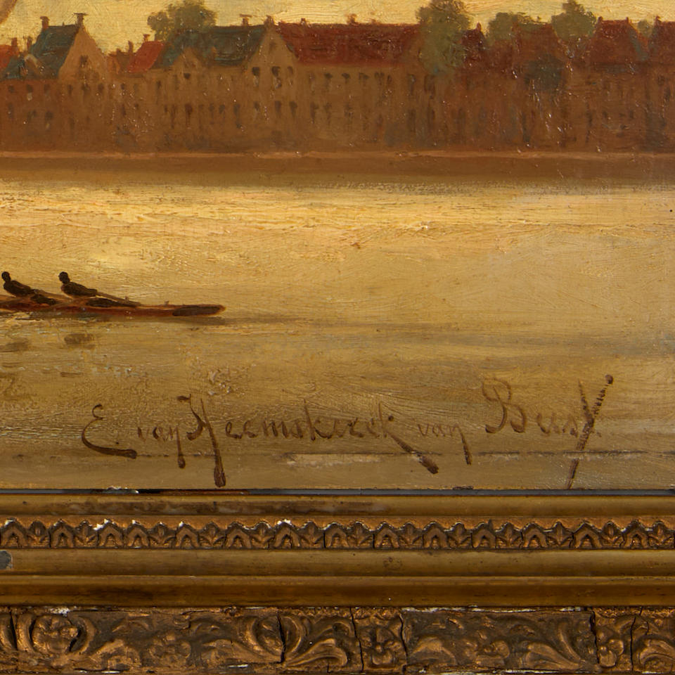 JACOB EDUARD VAN HEEMSKERCK VAN BEEST (Dutch, 1828-1894) Quiet Harbor with Sailing Ships framed... - Bild 3 aus 4