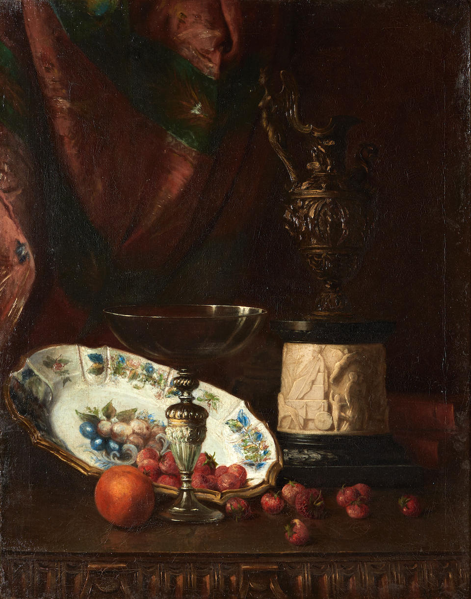 JOSEPH MILLION (French, 1861-1931) Still Life with Fruit Before an Ornate Curtain (framed 96.7 x...