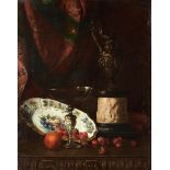 JOSEPH MILLION (French, 1861-1931) Still Life with Fruit Before an Ornate Curtain (framed 96.7 x...