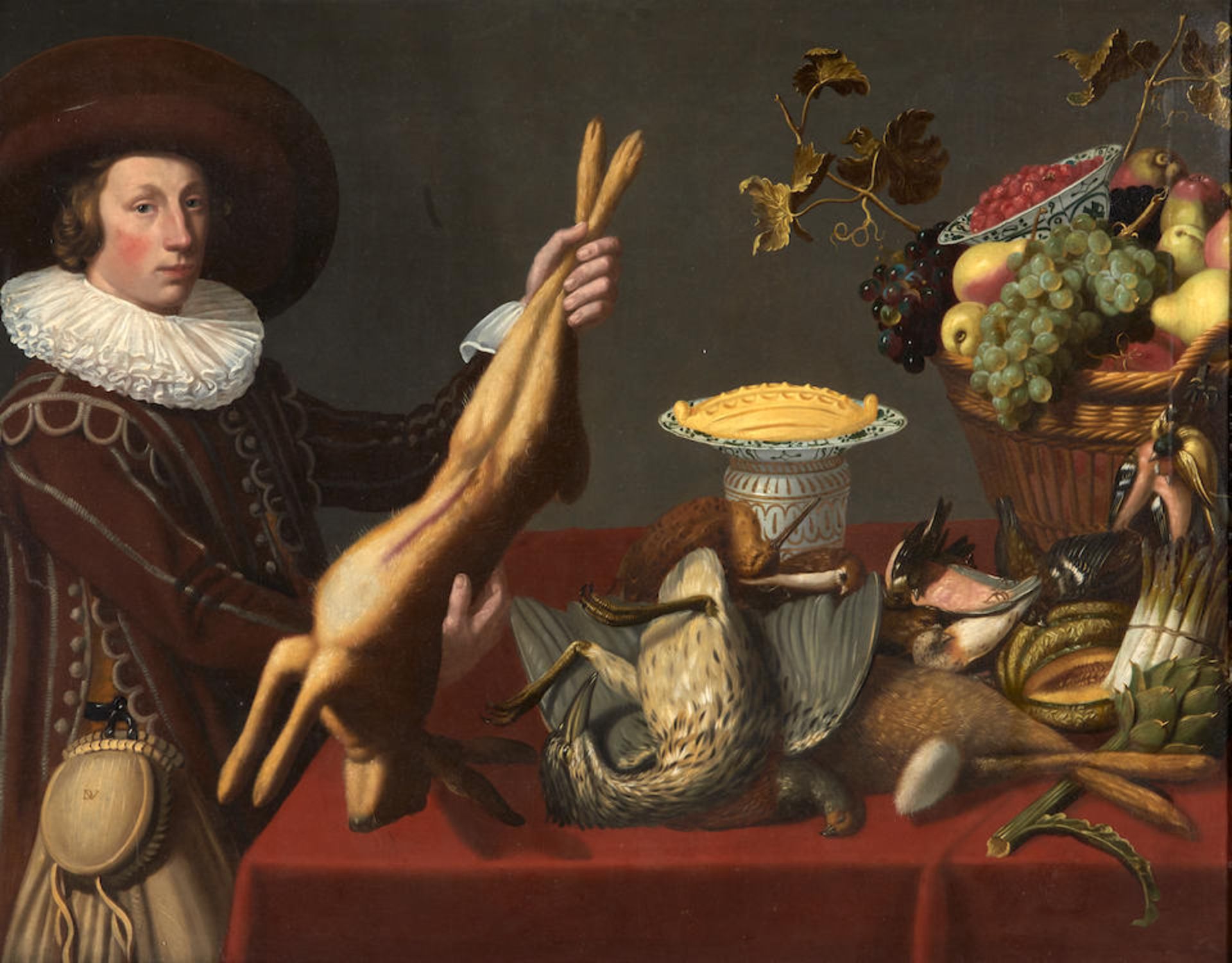 Dutch School (17th Century) Still Life with Fruit, Game, a Pie, and a Boy Holding a Rabbit (fram...