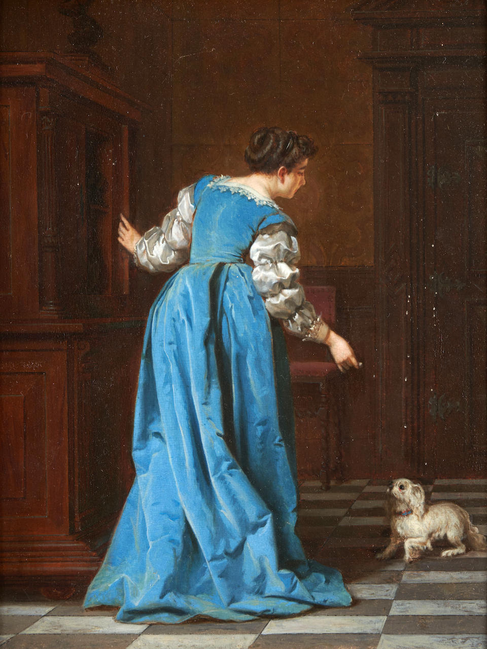 Continental School (19th Century) A Woman in Blue with her Dog (framed 48.0 x 42.0 x 6.5 cm (18 ...