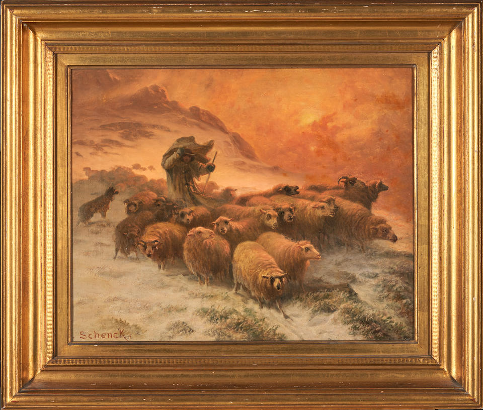 AUGUST FRIEDRICH ALBRECHT SCHENCK (Danish, 1828-1901) Guarding the Flock in a Winter Gale (frame... - Image 4 of 4
