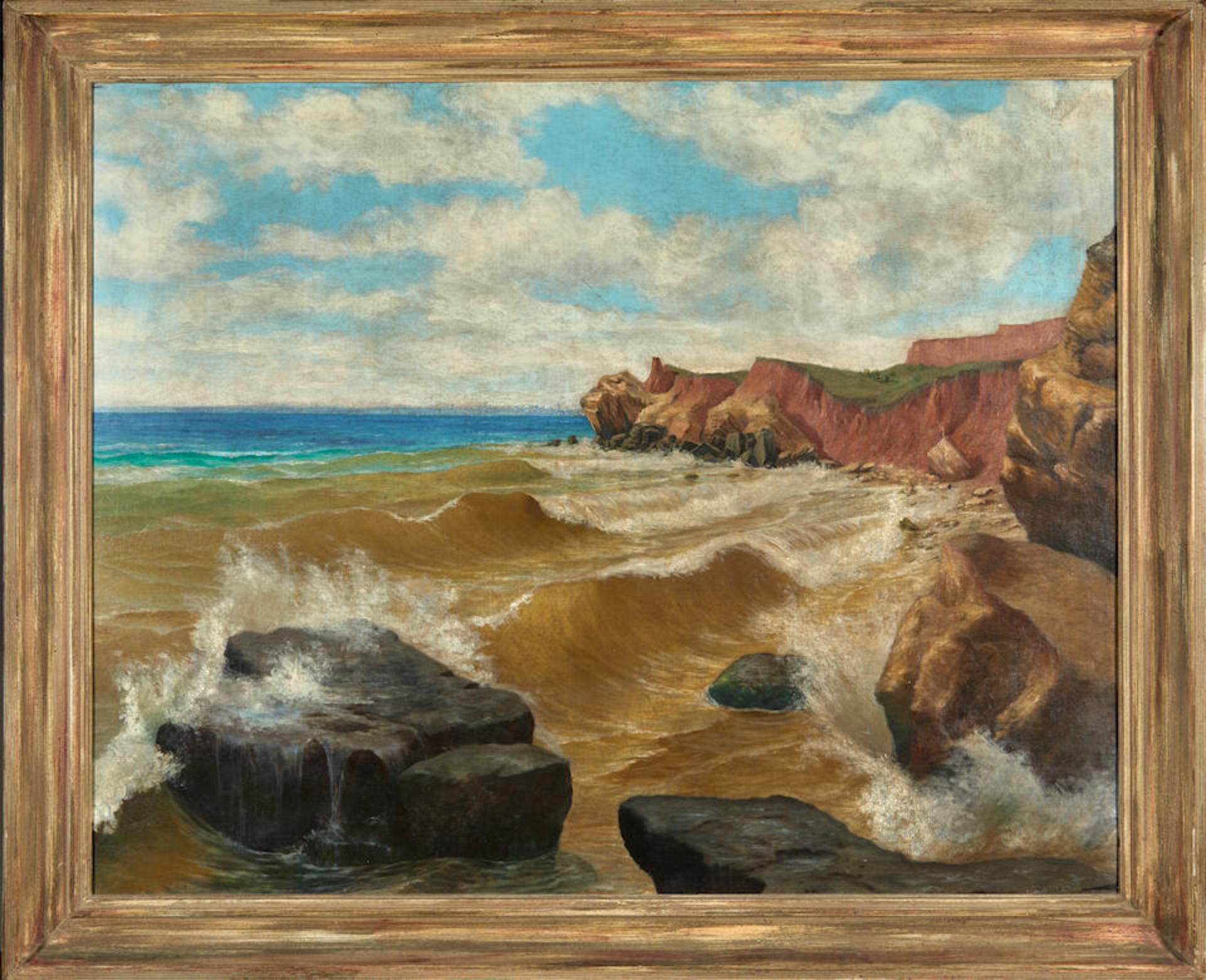 SOTER JAXA-MALACHOWSKI (Polish, 1867-1952) Surf Crashing on a Beach below Red Cliffs (framed 111... - Image 4 of 4