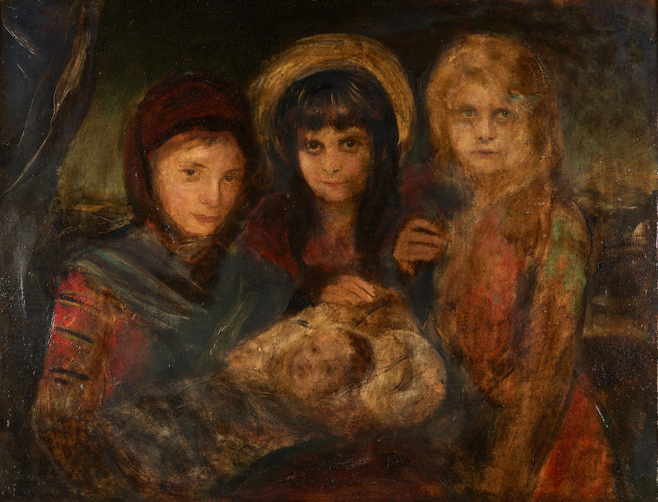 FRANZ SERAPH VON LENBACH (German, 1836-1904) A Portrait of Three Young Girls Holding a Swaddled ...