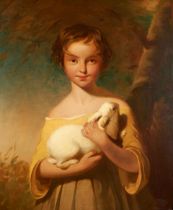 THOMAS PHILLIPS (British, 1770-1845) Portrait of a Girl Holding a White Rabbit (framed 94.0 x 81...