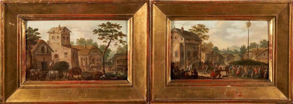 Dutch School (17th/18th Century) A Pair of Village Scenes: May Day Revelers and Farmyard with Li... - Image 3 of 4