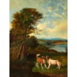 GIOVANNI MILONE (Italian, 19th Century) Three Spaniels in a Field with a Distant Lake and Mounta...