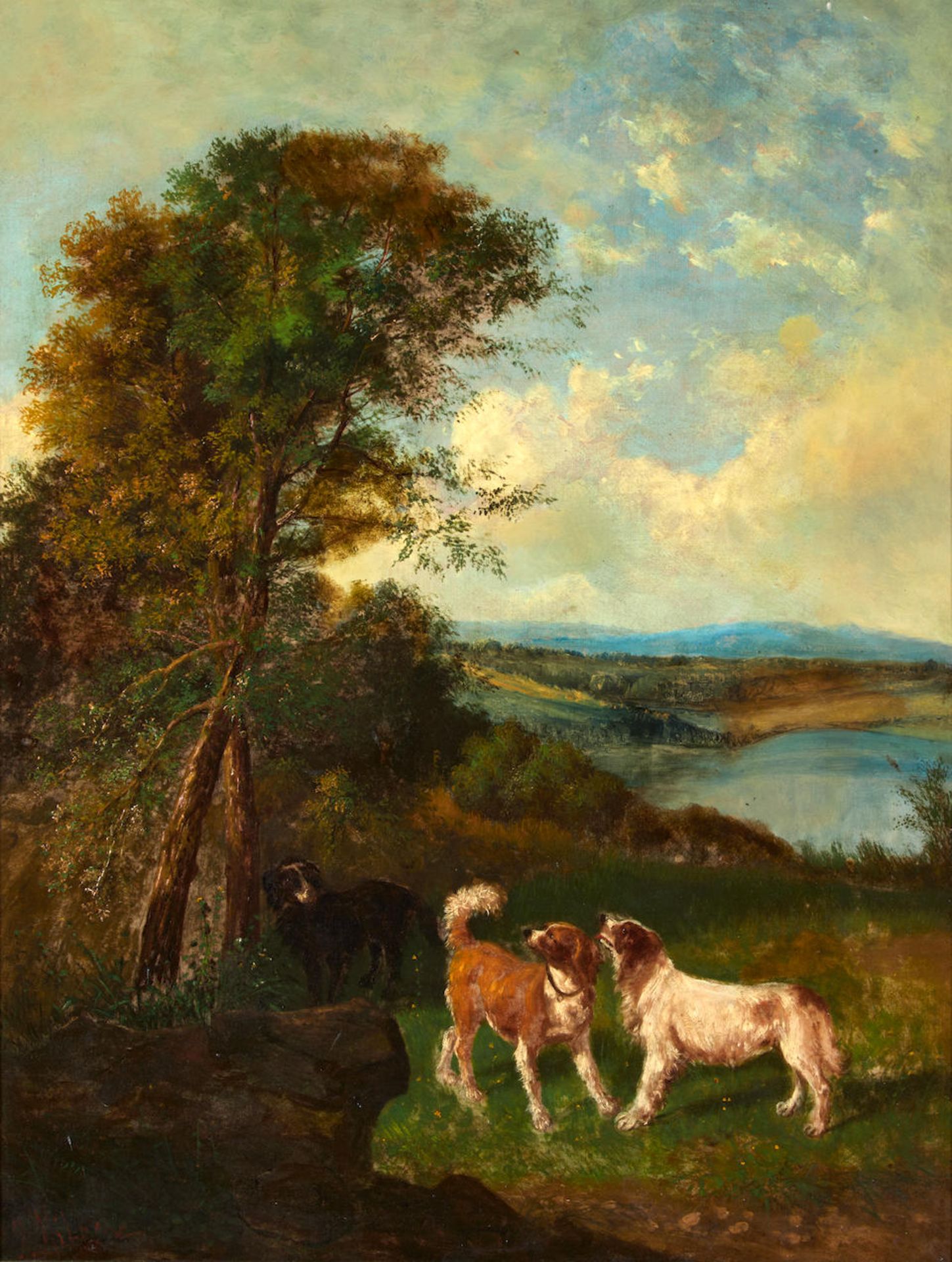GIOVANNI MILONE (Italian, 19th Century) Three Spaniels in a Field with a Distant Lake and Mounta...