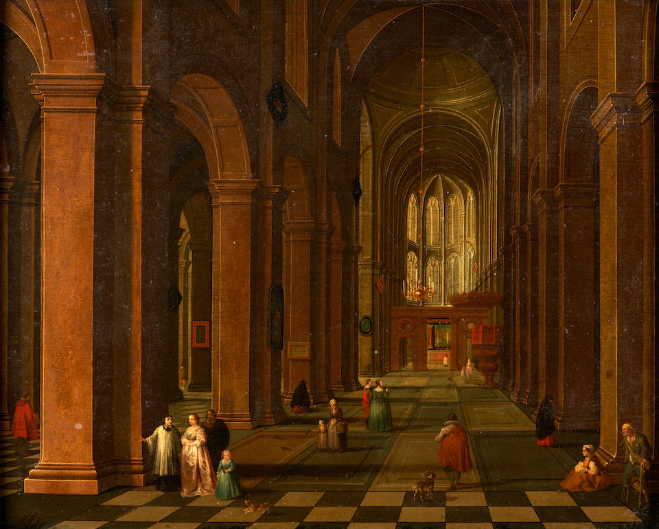 Follower of Pieter Neefs II (Flemish, 1620-after 1675) Cathedral Interior with Figures and Dogs ...