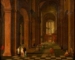 Follower of Pieter Neefs II (Flemish, 1620-after 1675) Cathedral Interior with Figures and Dogs ...